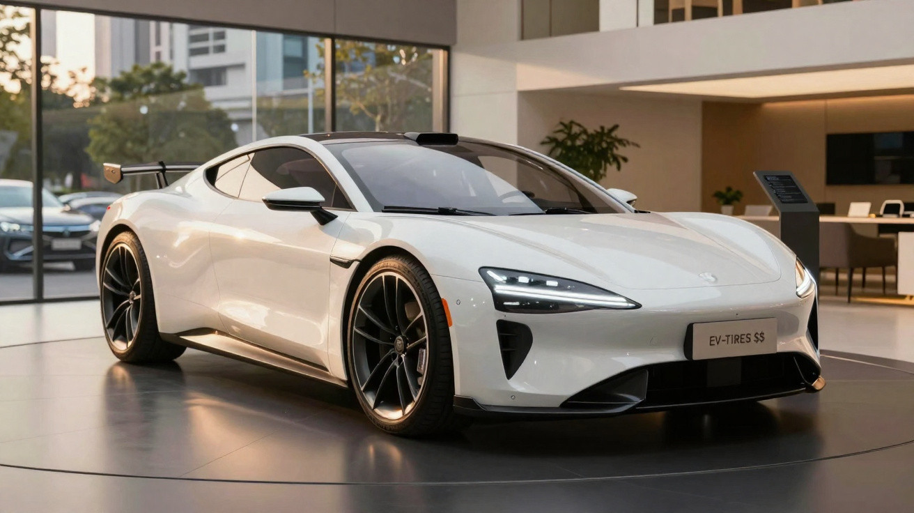 Carro esportivo branco elétrico EV-Tires SS em exposição moderna com luz natural e interiores sofisticados.