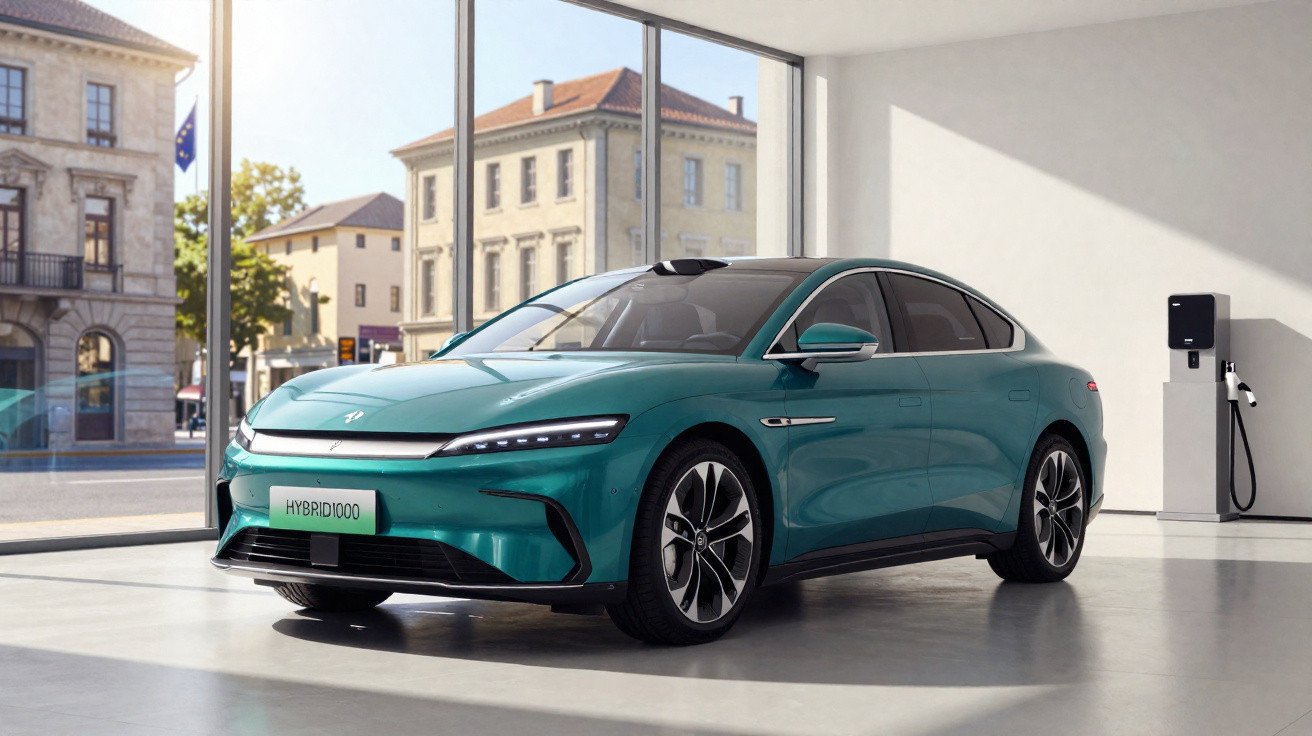 Carro elétrico verde em showroom moderno com parede de vidro e estação de carregamento ao fundo.