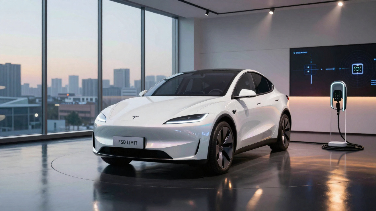 Carro elétrico Tesla branco exposto em ambiente interno moderno com estação de recarga ao lado.