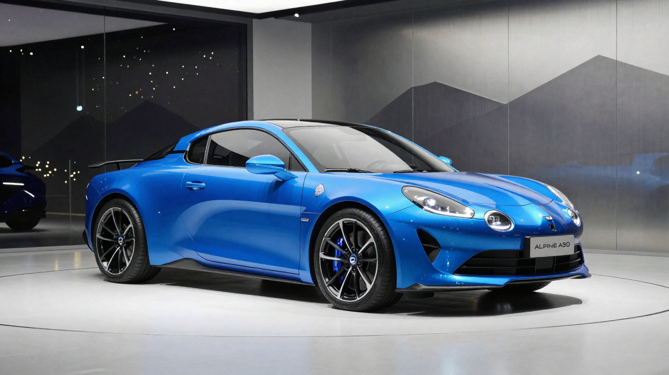 Carro esportivo azul Alpine A110 A90 em exposição dentro de showroom moderno e iluminado.