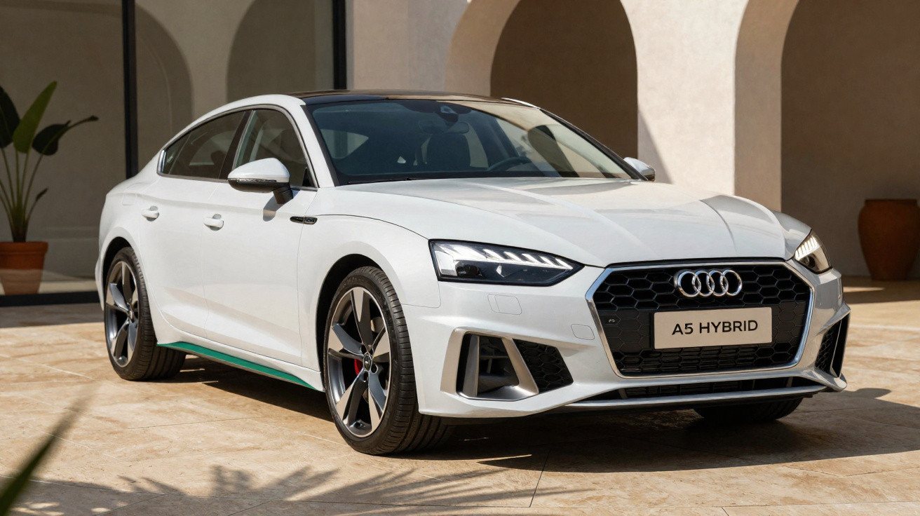 Audi A5 Hybrid branco estacionado em ambiente externo com arquitetura de arcos ao fundo.