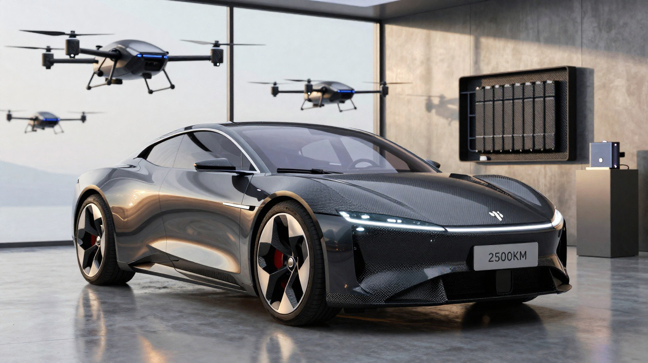 Carro esportivo preto futurista em ambiente moderno com drones voando ao fundo.