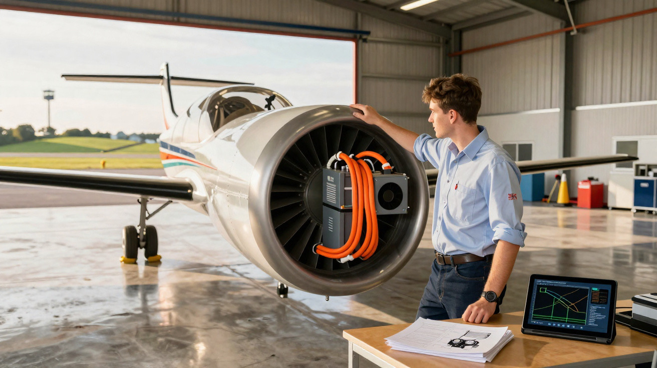 Homem inspecionando motor elétrico de avião em hangar com tablet e documentos na mesa ao lado.