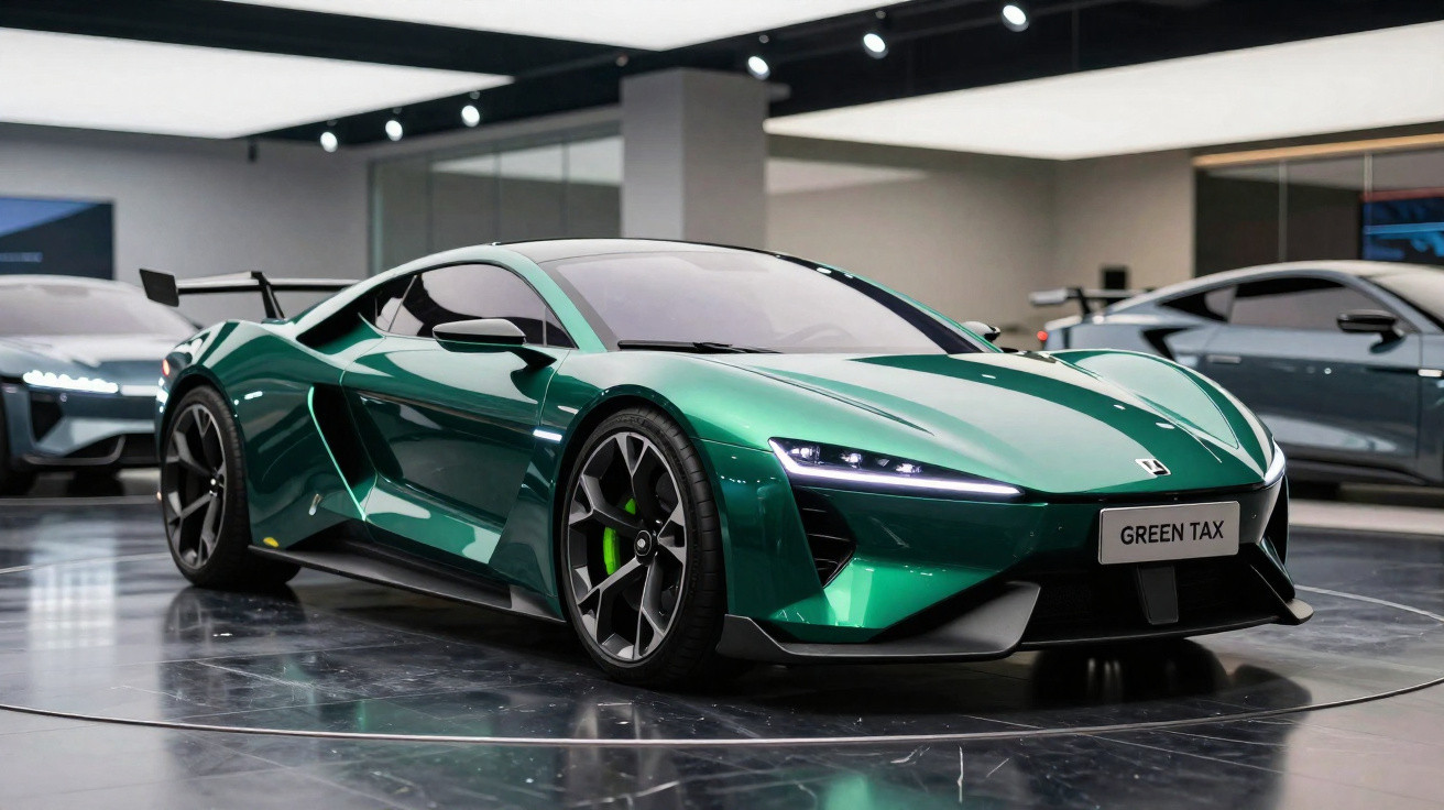 Carro esportivo verde metálico com faróis LED modernos em salão automotivo com piso brilhante.