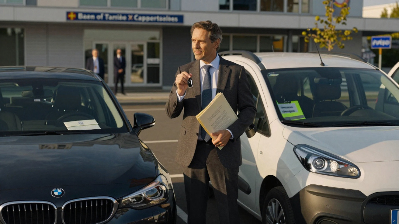 Homem de terno segurando documentos e chave de carro entre um BMW preto e um carro branco estacionados.