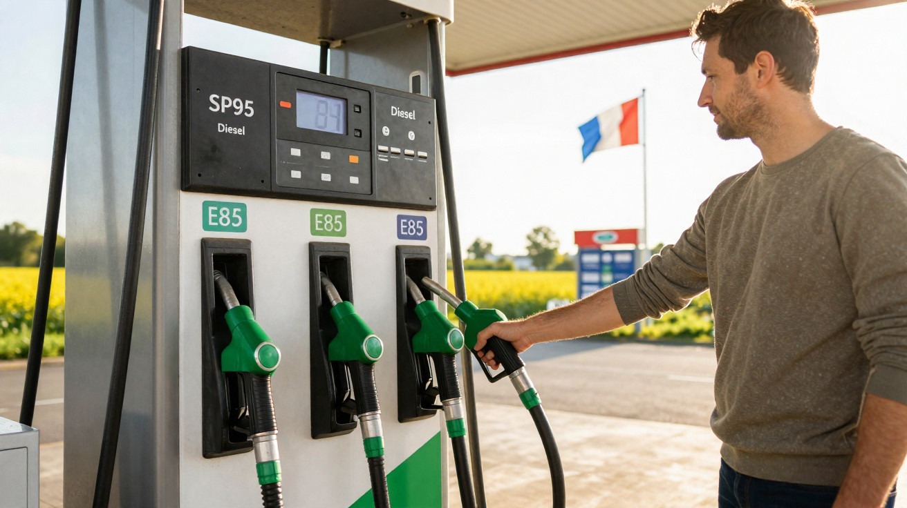 Homem com camiseta cinza pegando bomba de combustível verde em posto de gasolina ao ar livre.