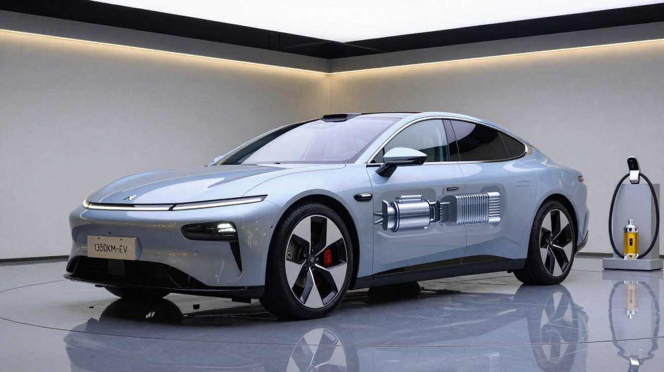 Carro elétrico prata em exposição com ilustração de motor na lateral, lançado em ambiente moderno.