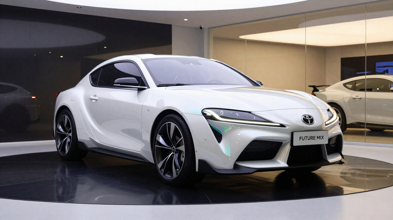 Carro esportivo branco Toyota estacionado em showroom moderno com piso preto e paredes de vidro.