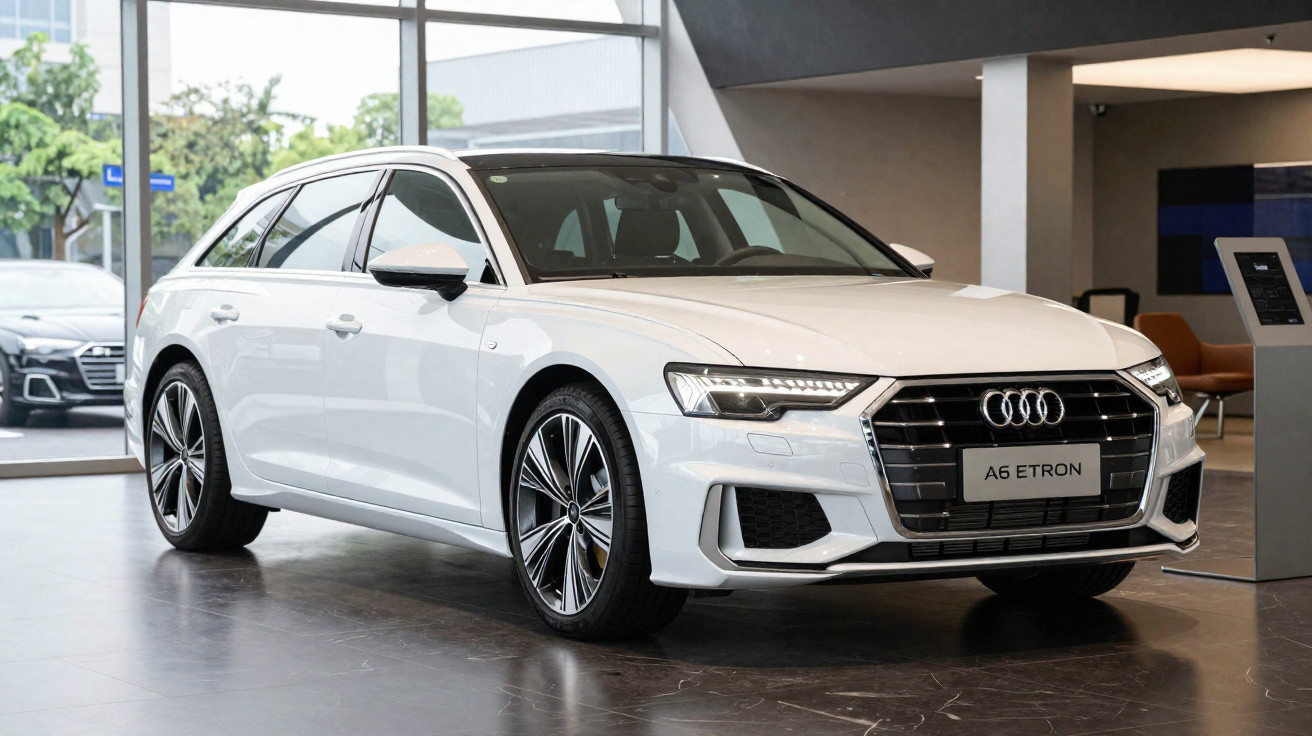 Audi A6 Etron branco estacionado em ambiente interno moderno com piso escuro e paredes claras.