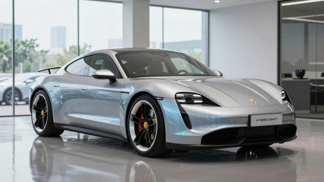 Carro esportivo Porsche Taycan prata estacionado em showroom com grandes janelas de vidro.