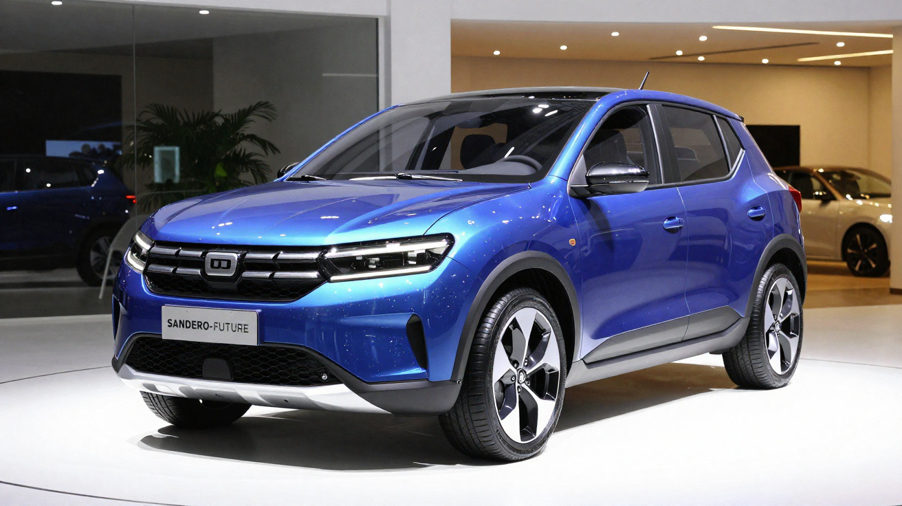 Carro SUV azul Sandero Future exibido em estande de exposição iluminado.