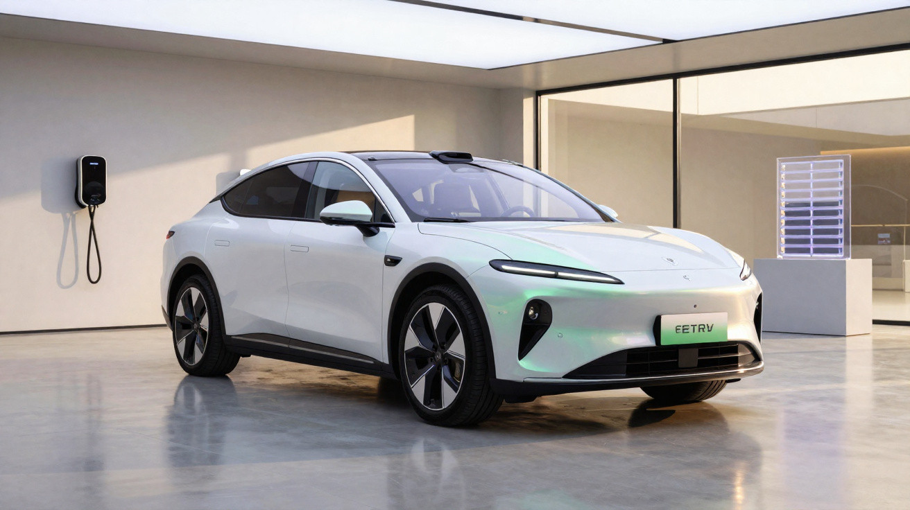 Carro elétrico branco estacionado em garagem moderna com parede clara e carregador na parede.