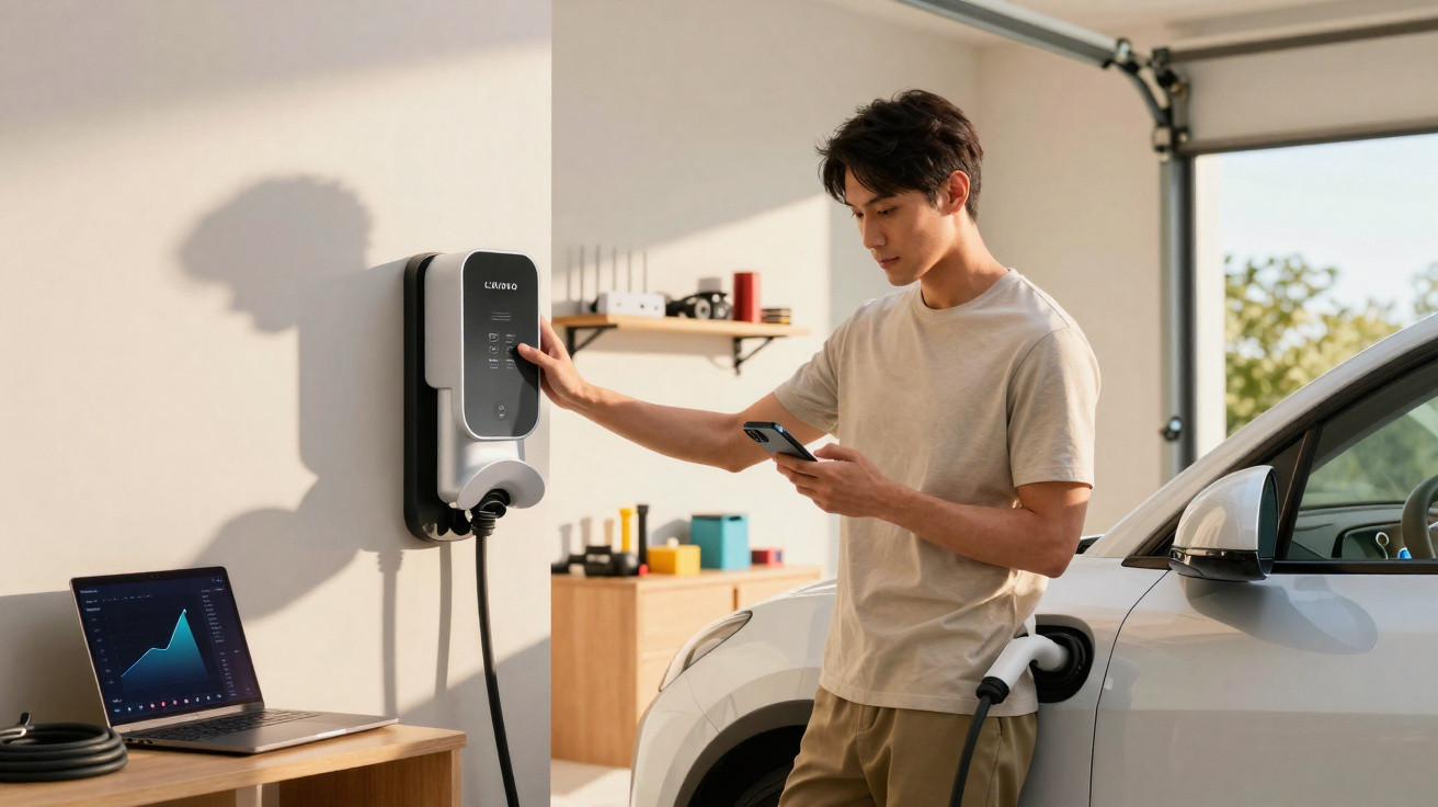 Homem usando smartphone enquanto carrega carro elétrico com estação em garagem residencial.