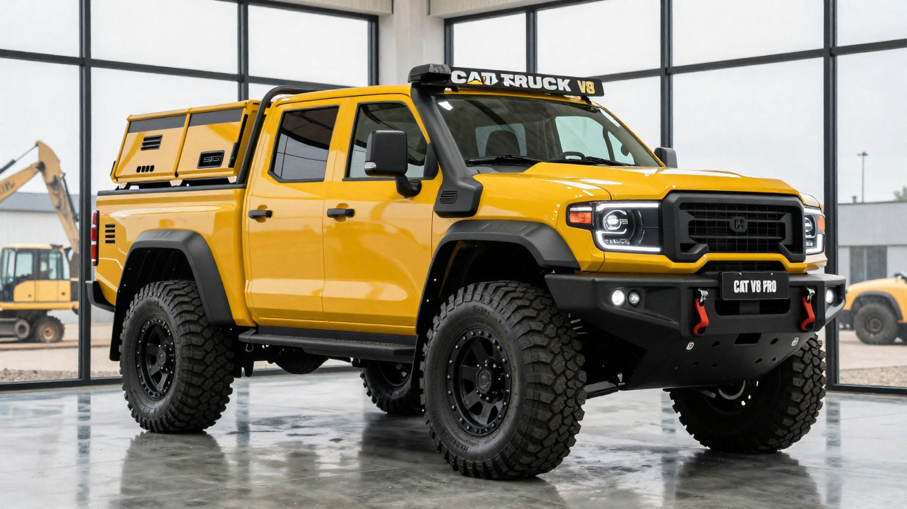 Picape amarela off-road Cat V8 Pro estacionada em ambiente interno com piso brilhante.
