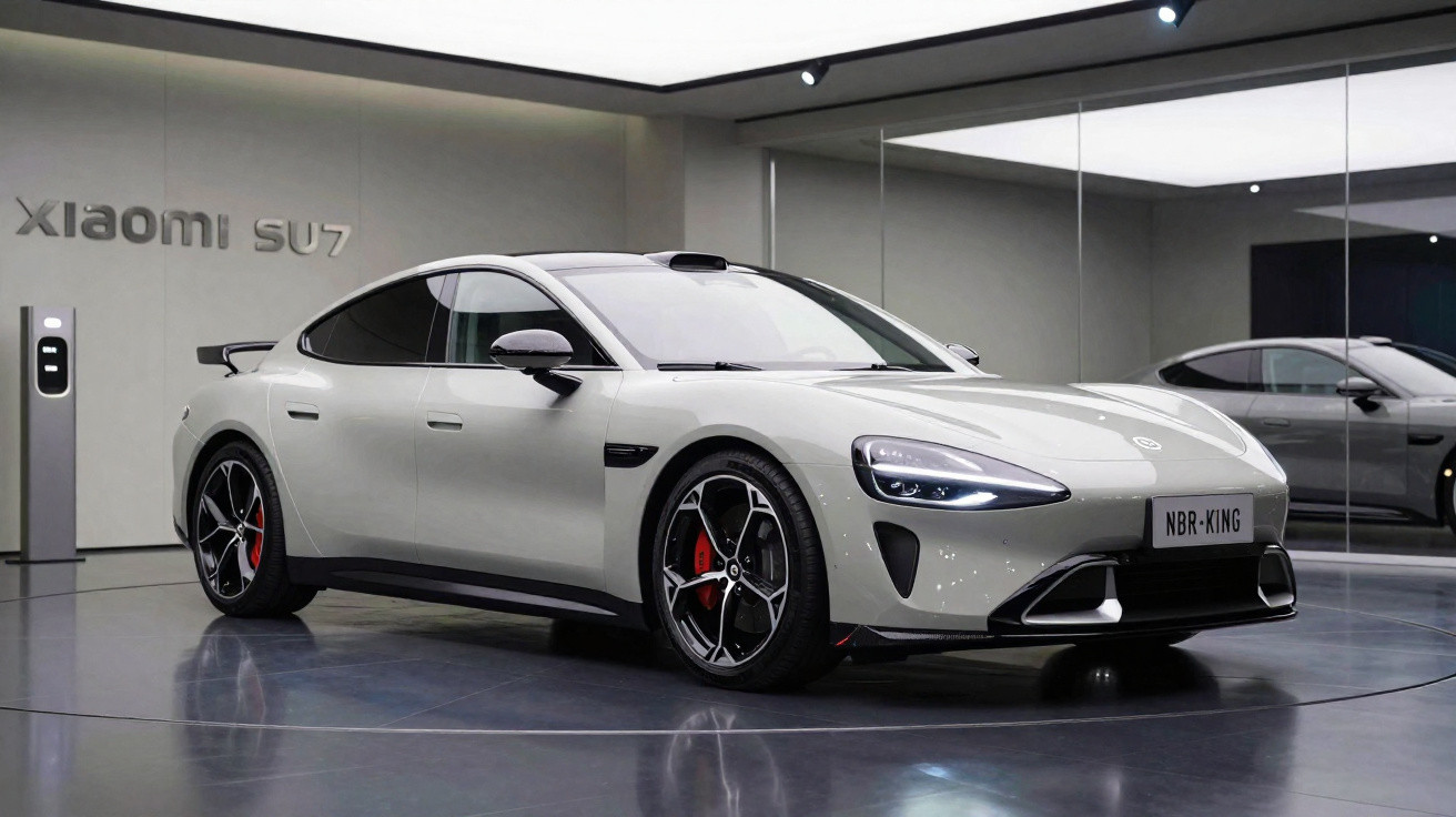 Carro elétrico Xiaomi SU7 branco exibido em showroom moderno com espelhos e carregador ao lado.