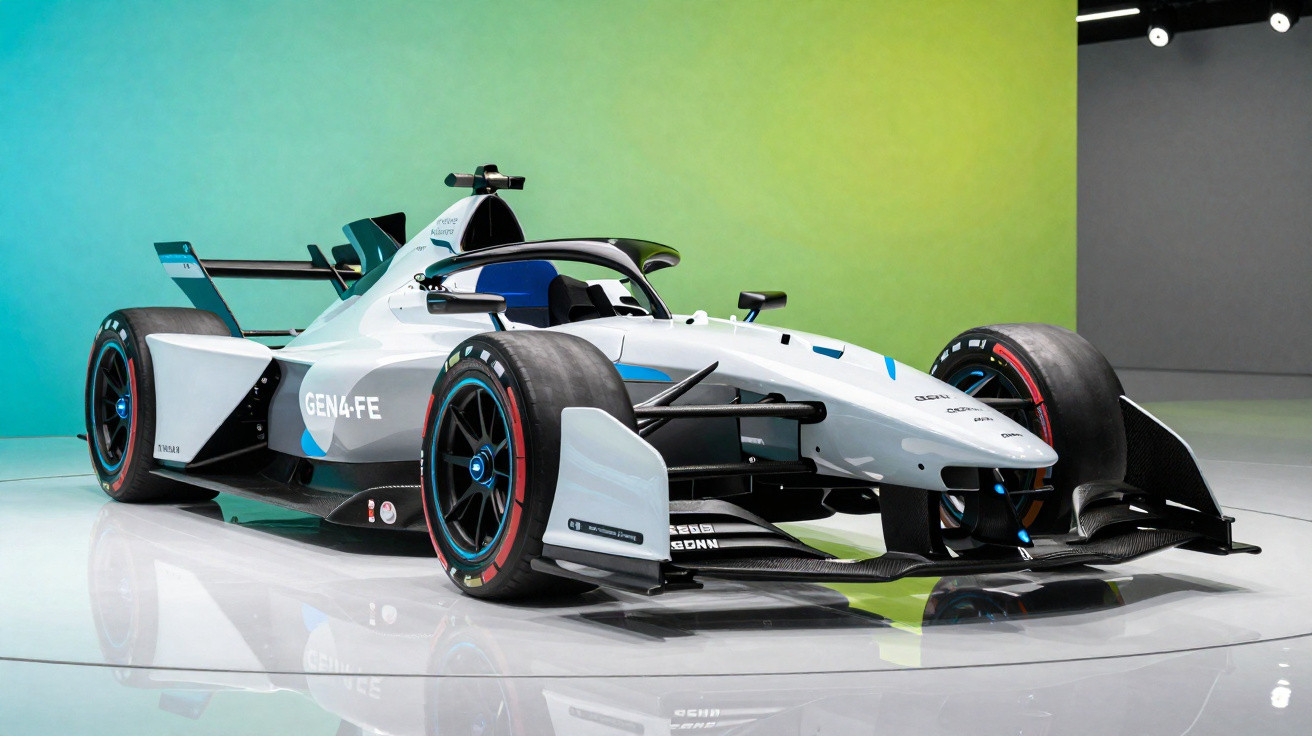 Carro de corrida Fórmula E GEN4-FE branco com detalhes em azul em estúdio com fundo verde e cinza.