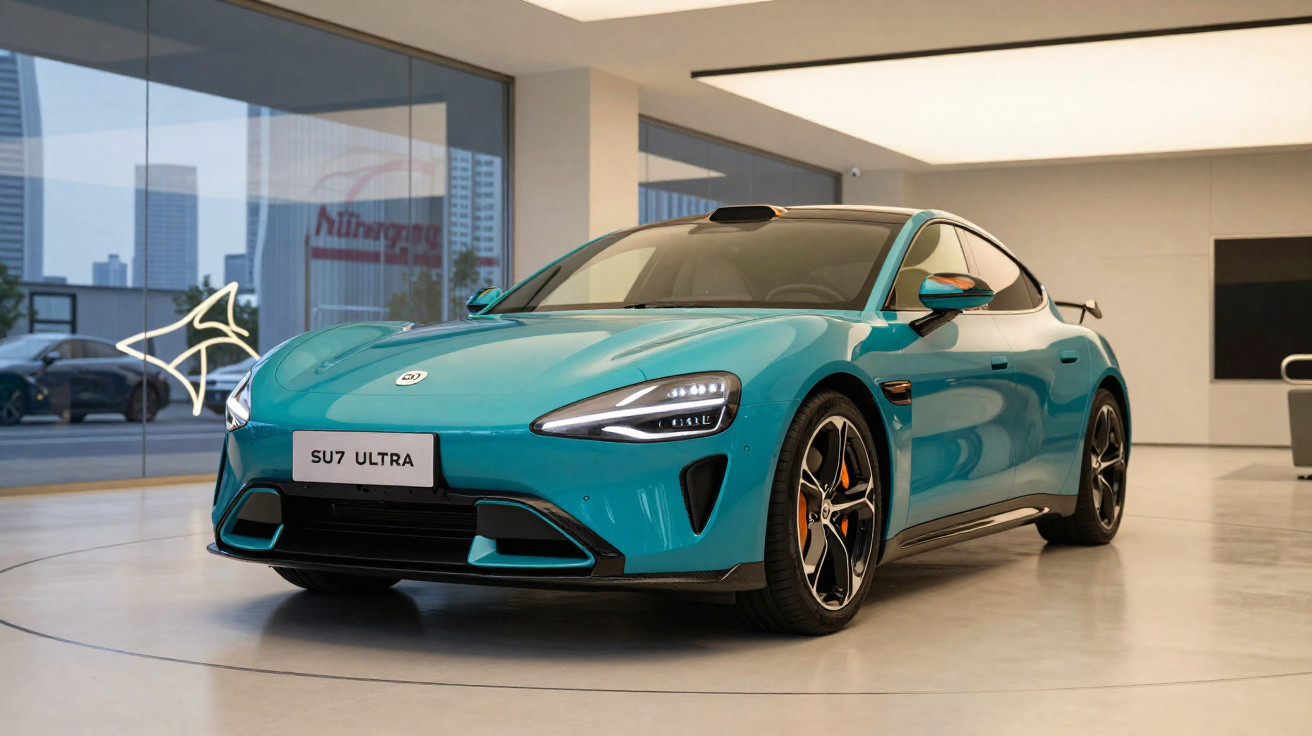 Carro esportivo elétrico azul modelo SU7 Ultra em exibição dentro de showroom moderno.