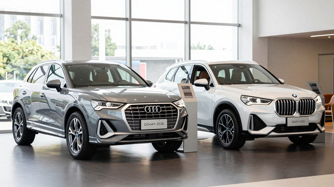 Dois SUVs modernos, um cinza da Audi e outro branco da BMW, expostos em showroom com grandes janelas ao fundo.