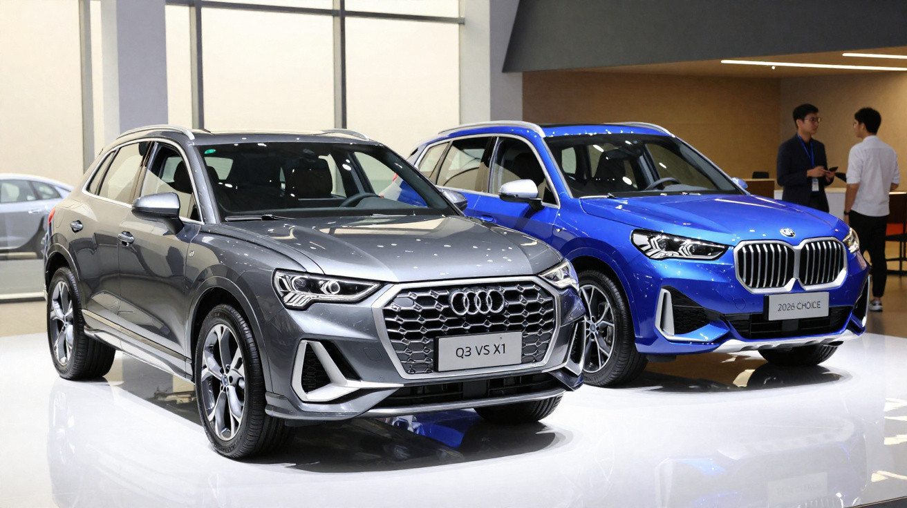 Dois SUVs em exibição, um Audi cinza Q3 e um BMW azul X1, em ambiente interno de exposição.