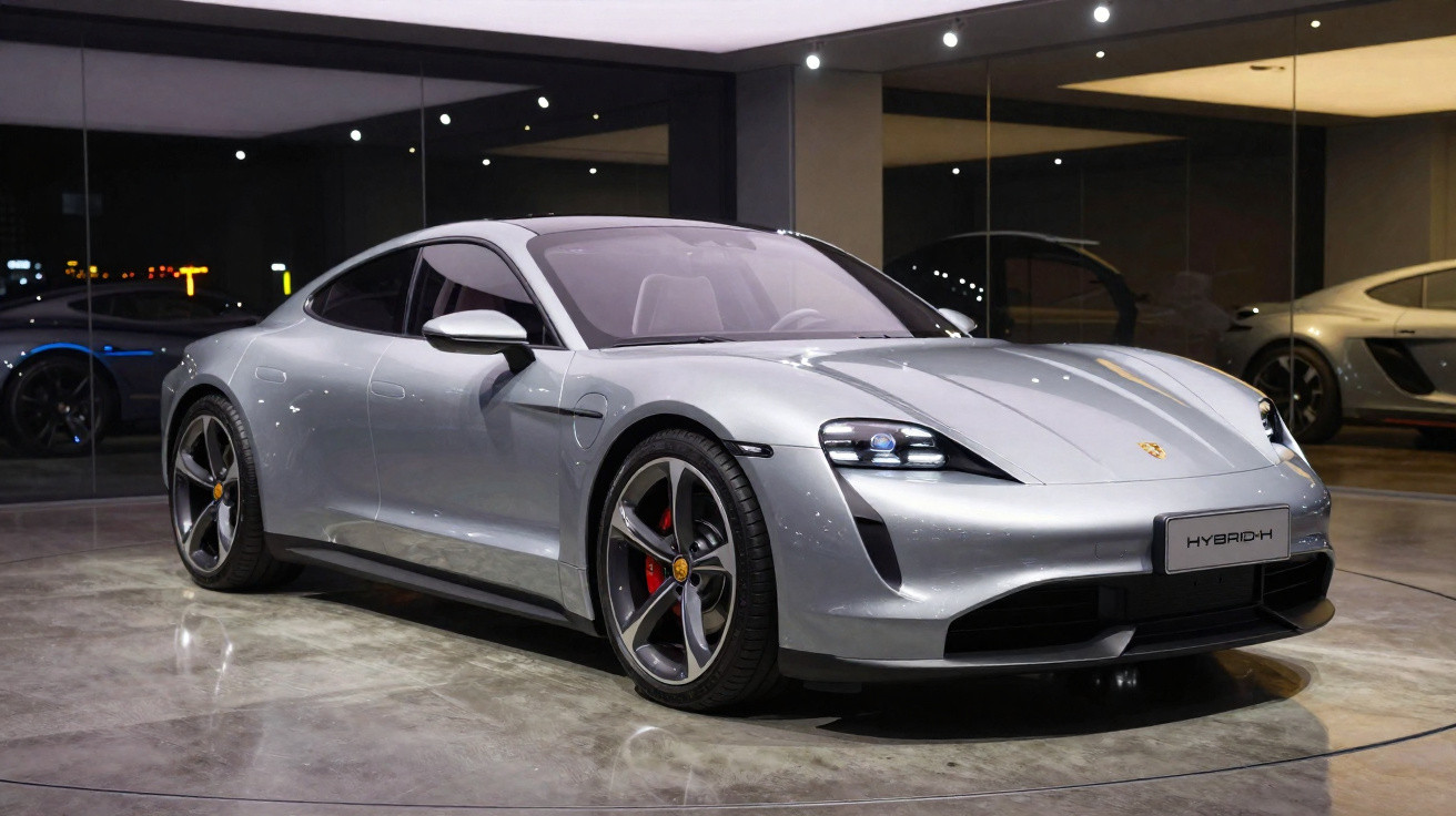 Carro esportivo elétrico prata Porsche Taycan estacionado em ambiente interno com paredes de vidro.