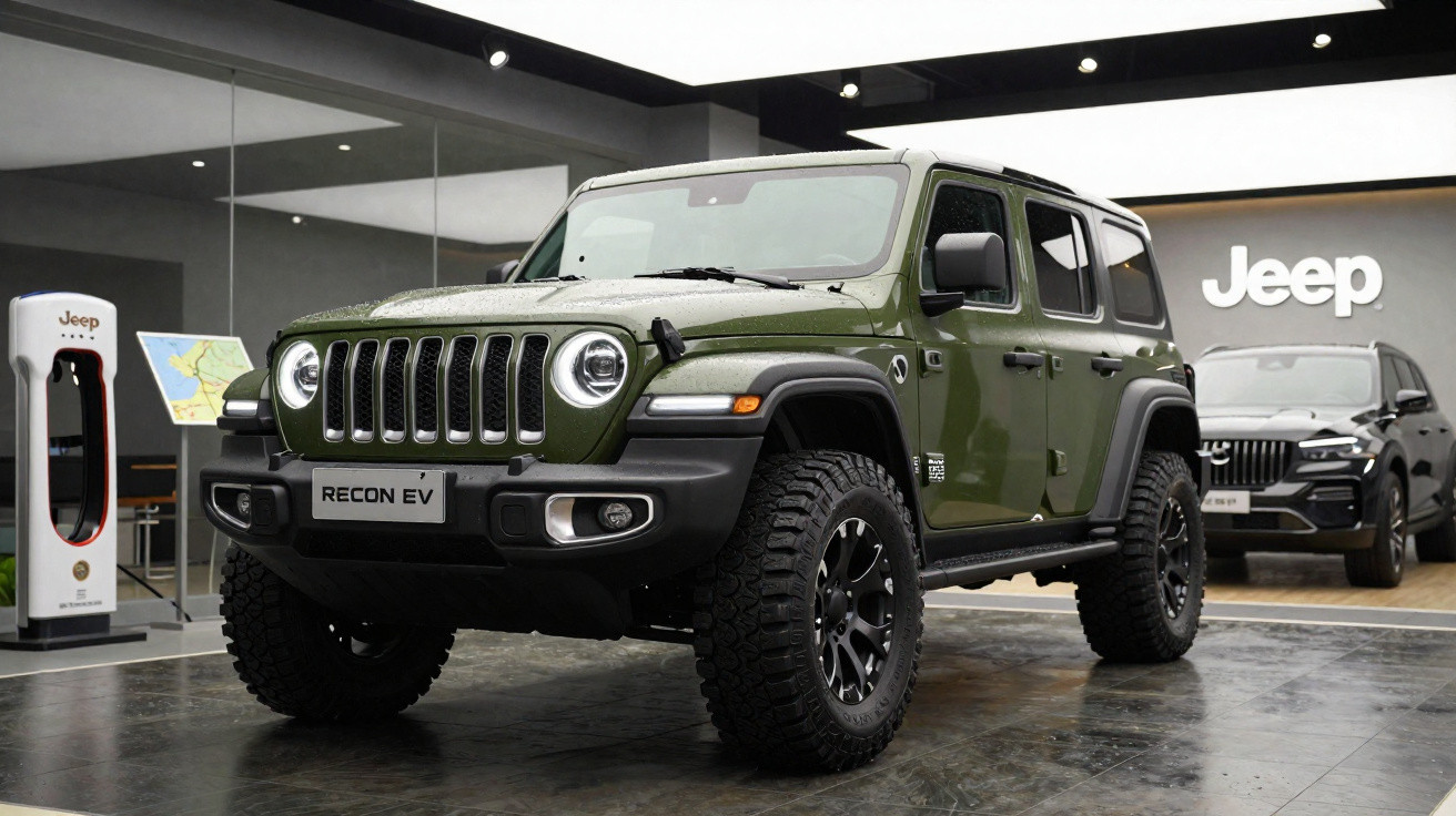 SUV Jeep Recon EV verde militar em exposição, com carregador elétrico ao lado, em ambiente interno.