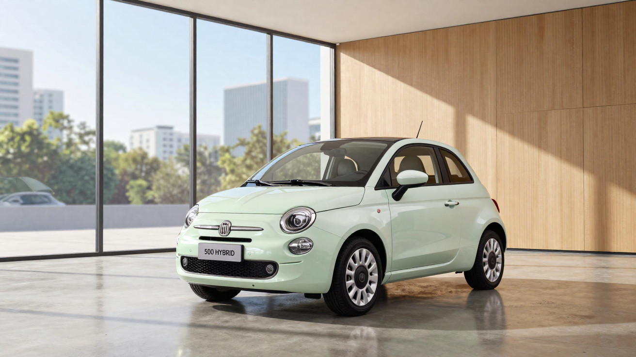 Carro Fiat 500 Hybrid verde claro estacionado em ambiente interno com parede de madeira e janelas grandes.