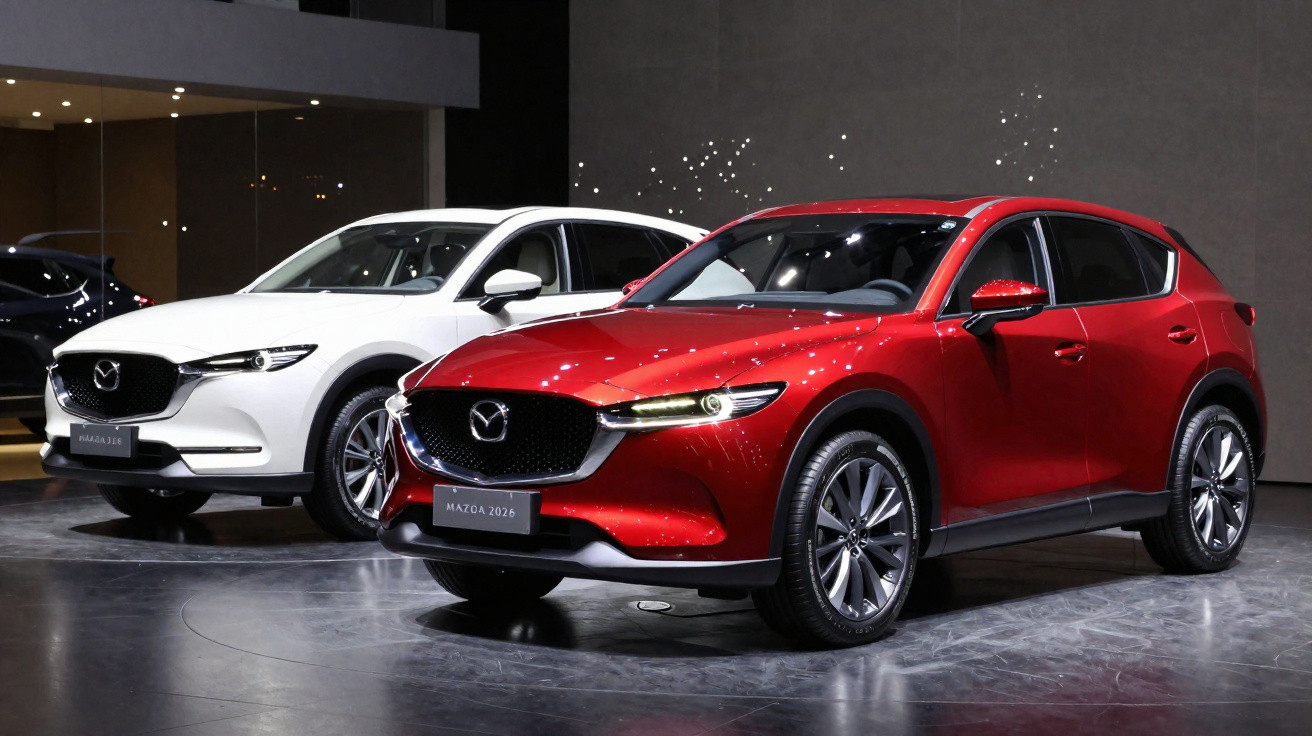 Dois SUVs Mazda, um branco e outro vermelho, exibidos em ambiente interno com iluminação refletindo na pintura.