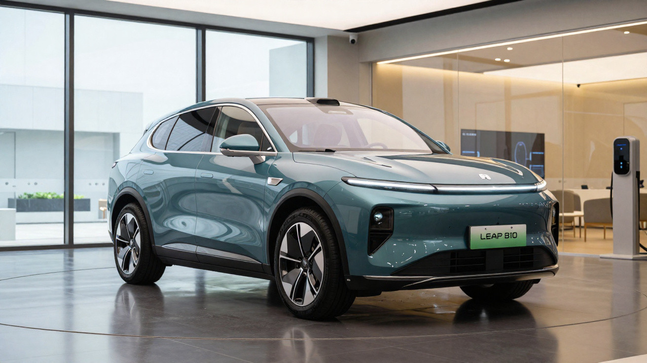 Carro elétrico verde dentro de showroom moderno com grandes janelas e piso brilhante.