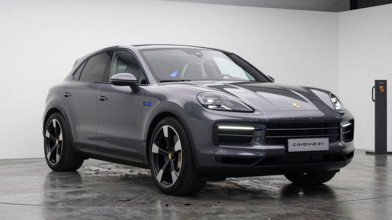 Carro elétrico Porsche Cayenne EV cinza estacionado em ambiente interno e chão refletivo.