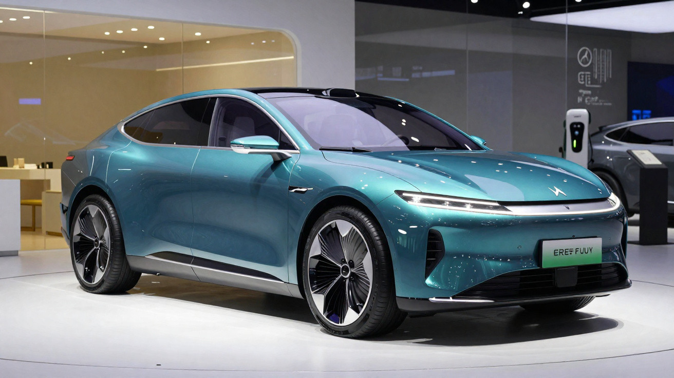Carro elétrico azul metalizado moderno exibido em salão de automóveis com design aerodinâmico e rodas grandes.