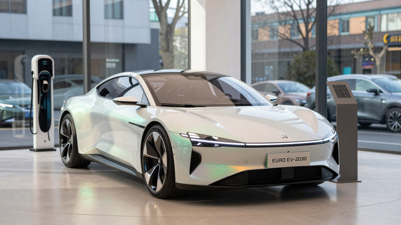 Carro elétrico branco modelo Euro EV-2030 em exposição com estação de recarga em showroom.