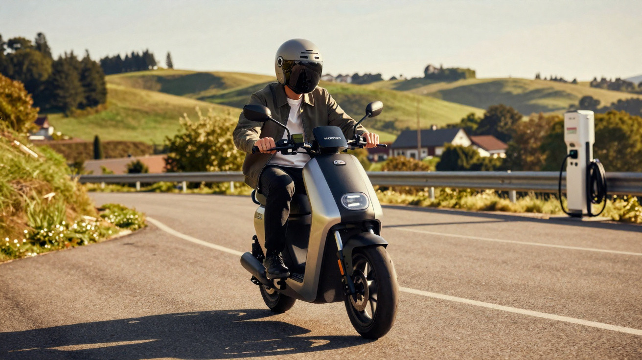 Pessoa com capacete andando de scooter elétrica Honda em estrada rural ao pôr do sol