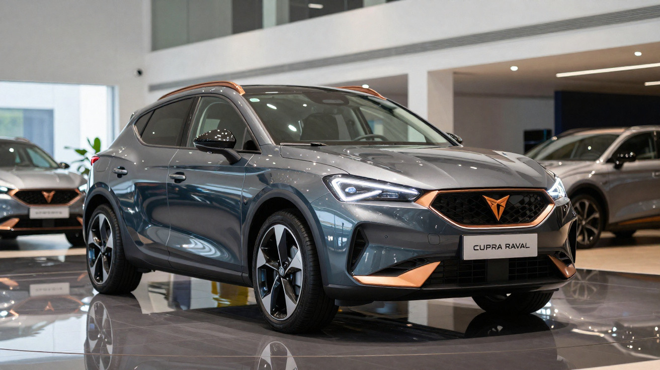SUV Cupra Raval cinza exibido em showroom moderno com iluminação suave e piso reflexivo.