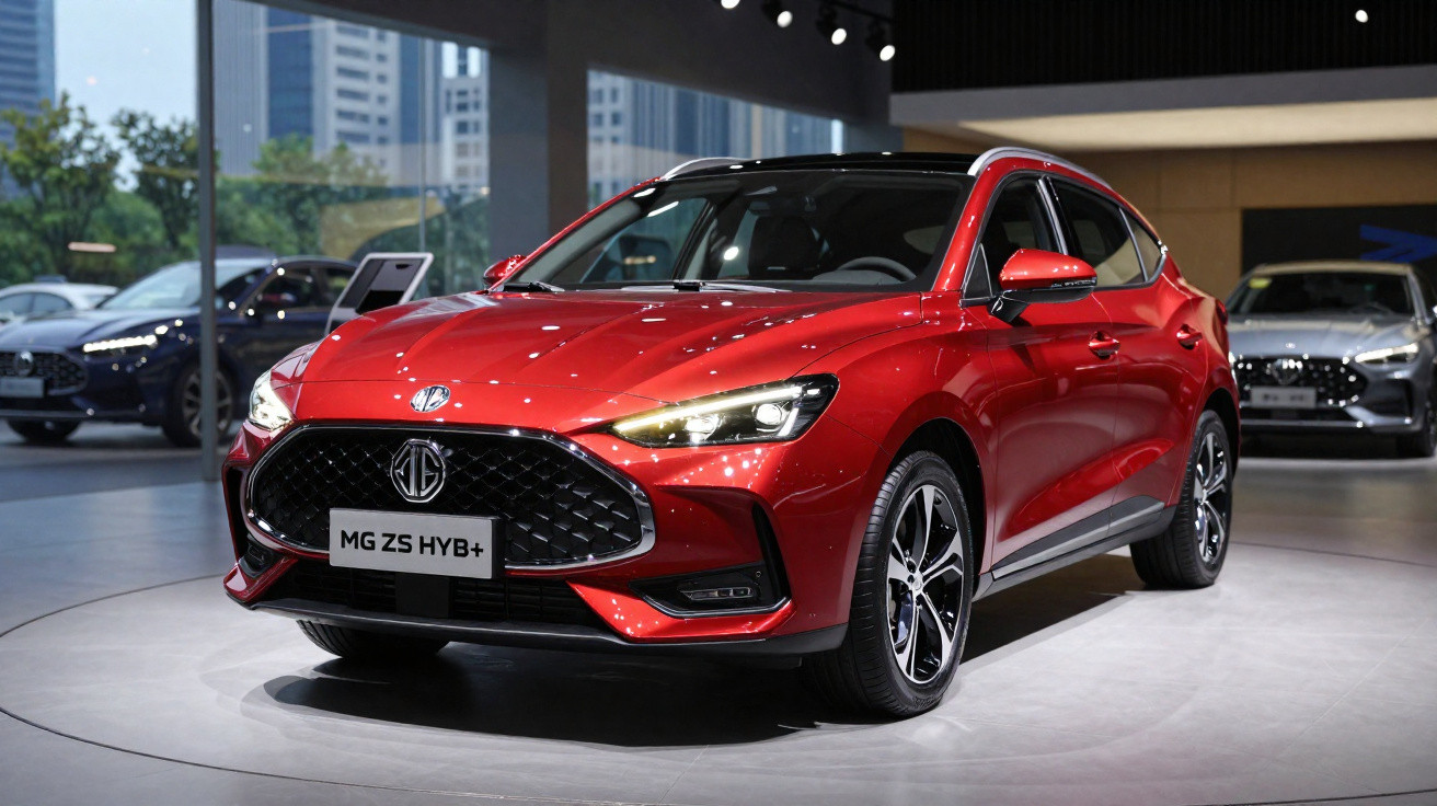 Carro vermelho MG ZS HYB+ em exposição dentro de showroom moderno com iluminação destacada.