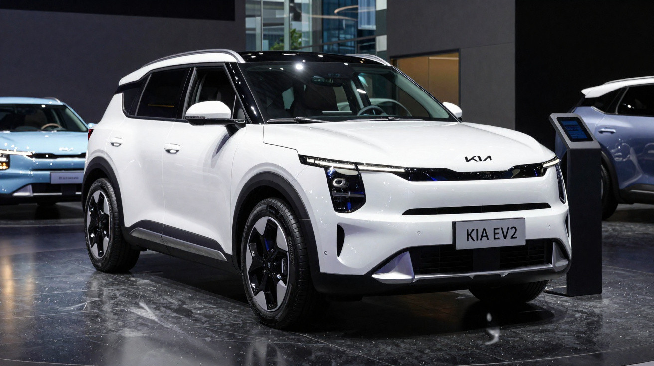 SUV elétrico branco Kia EV2 exposto em ambiente interno, com design moderno e linhas aerodinâmicas.