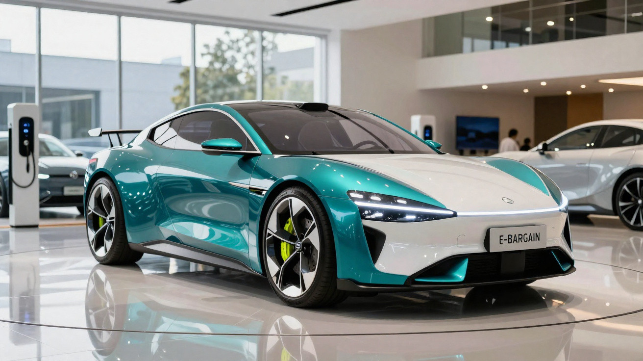 Carro esportivo elétrico verde e branco em exposição em showroom moderno com recarregador ao fundo.