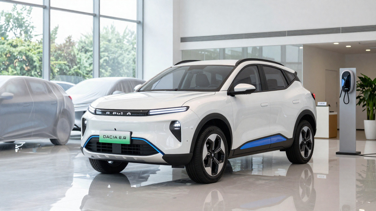 Carro elétrico branco Dacia Spring EV estacionado dentro de showroom moderno com estações de carregamento.
