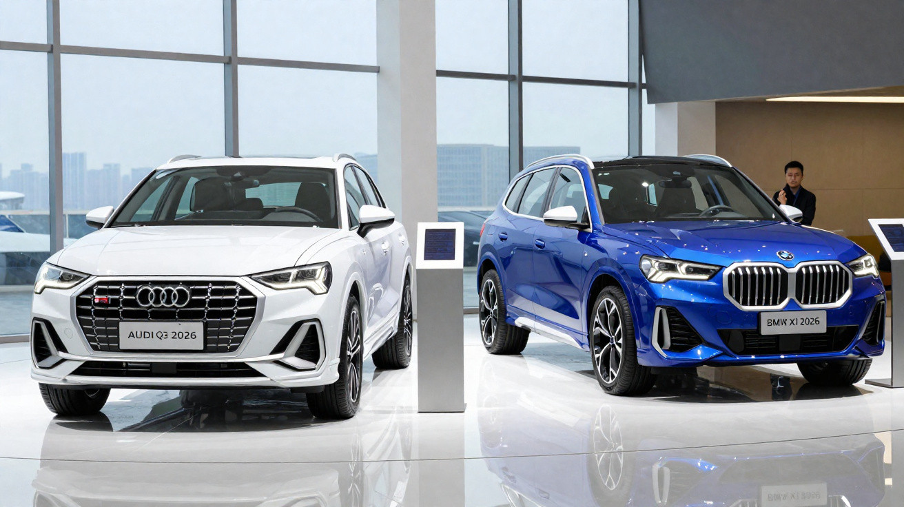 Dois SUVs modernos em exposição, Audi Q3 branco e BMW X1 azul, em ambiente interno com piso brilhante.