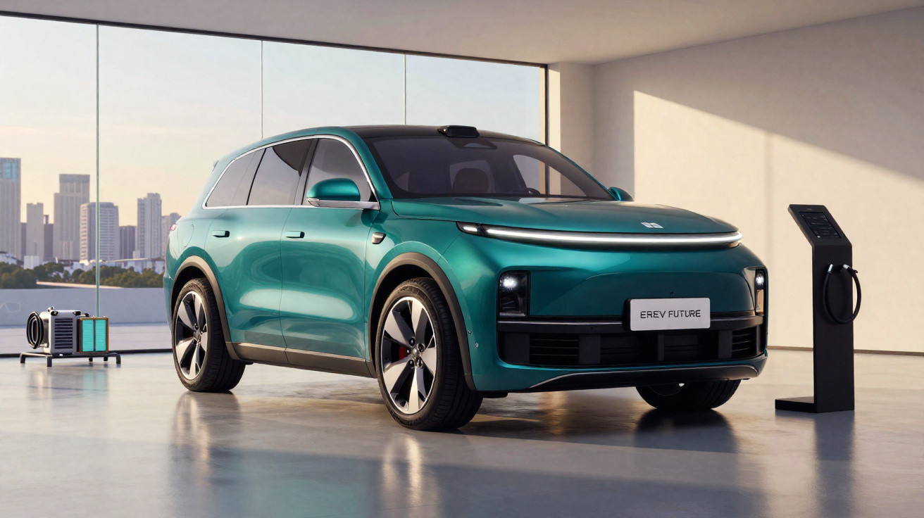 SUV elétrico verde estacionado em garagem moderna ao lado de estação de recarga.
