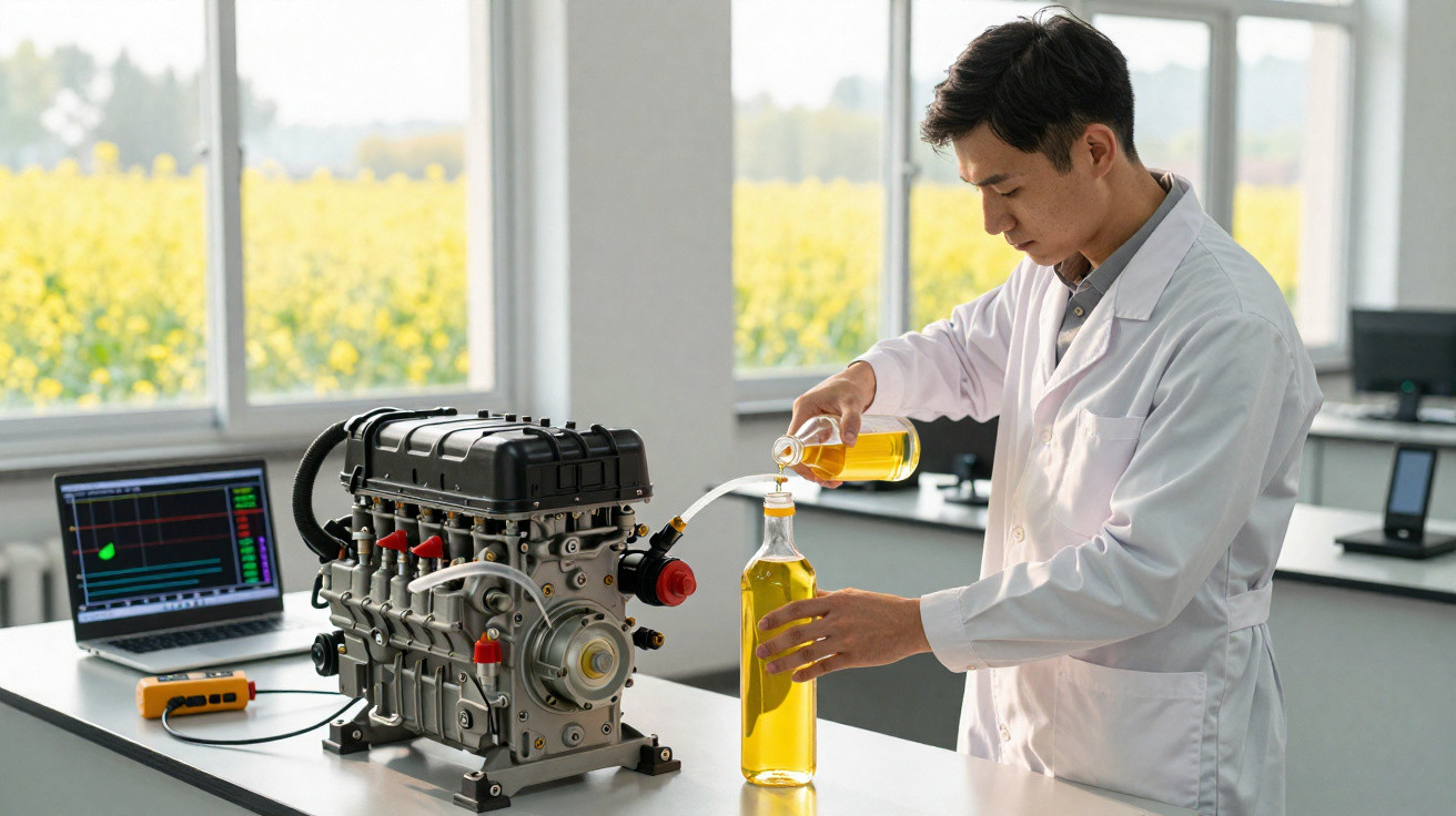 Cientista em laboratório enchendo garrafa com óleo extraído de motor experimental conectado a laptop.
