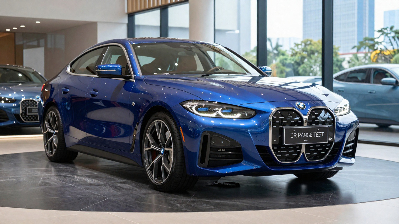 Carro esportivo BMW azul exibido em showroom com design moderno e faróis de LED acesos.