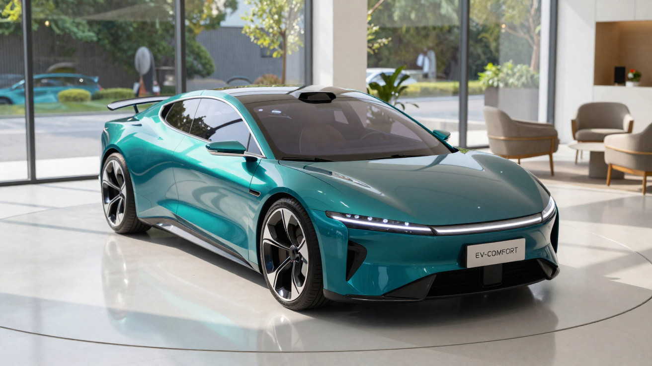 Carro elétrico esportivo verde em exposição interna com design aerodinâmico e rodas pretas brilhantes.