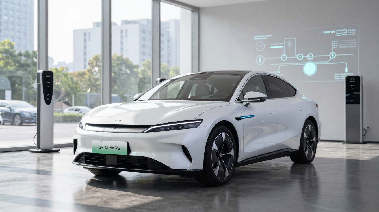 Carro elétrico branco estacionado em showroom com carregadores e projeção digital na parede.