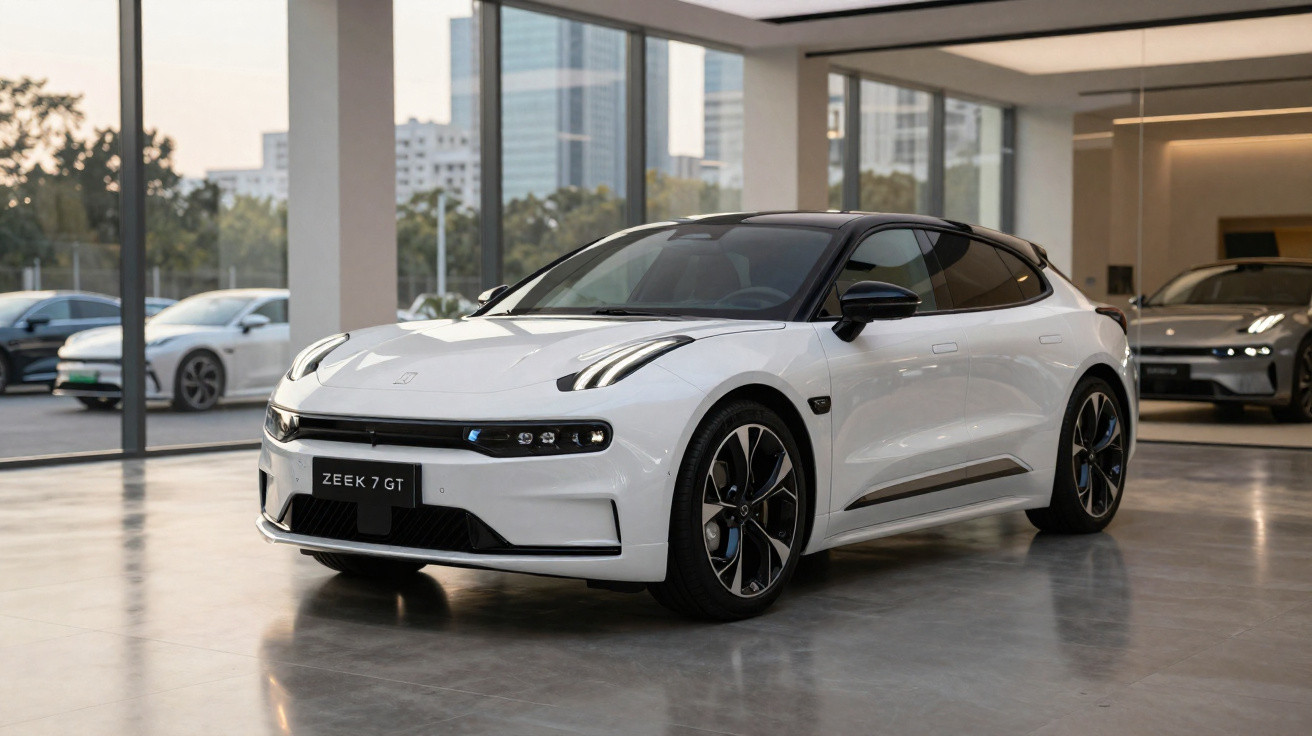 Carro elétrico branco Zeek 7 GT em showroom moderno com acabamento em preto e rodas esportivas.