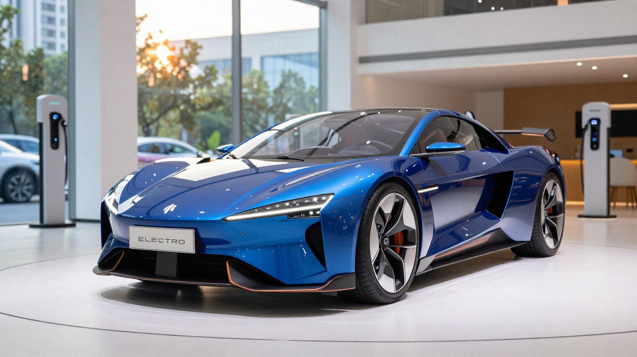 Carro esportivo elétrico azul em exposição dentro de showroom moderno com pontos de carregamento ao fundo.