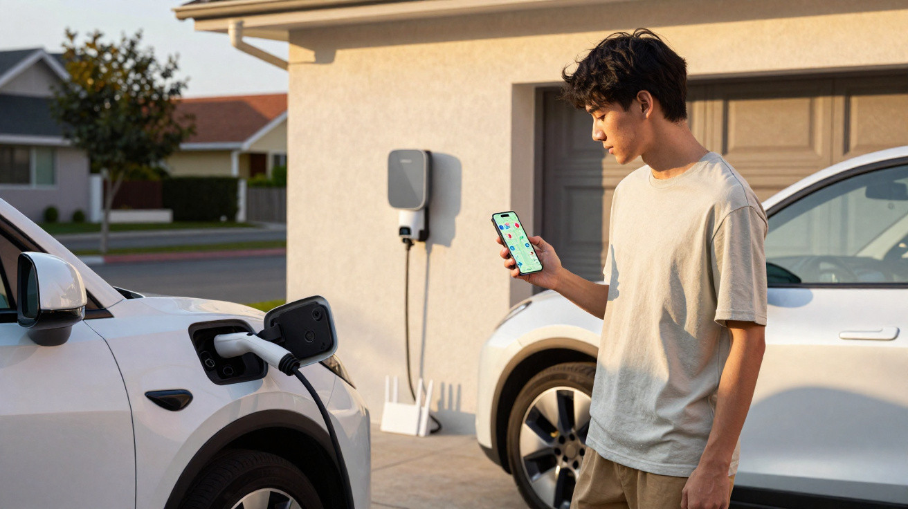 Homem jovem usando celular ao lado de carro elétrico branco carregando na garagem de casa.