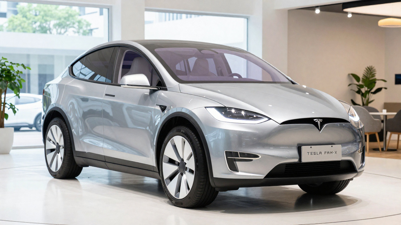 Carro elétrico prata Tesla Model X exibido em salão de automóveis moderno e iluminado.