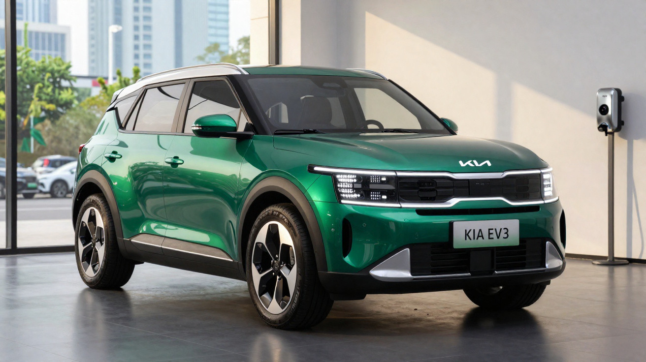 Carro elétrico SUV verde Kia EV3 estacionado em showroom moderno com parede branca e vidro ao fundo.