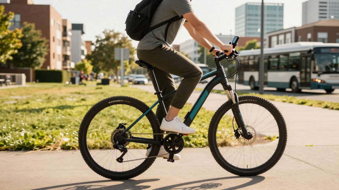 Pessoa andando de bicicleta elétrica na cidade com mochila e smartphone no guidão em dia ensolarado.