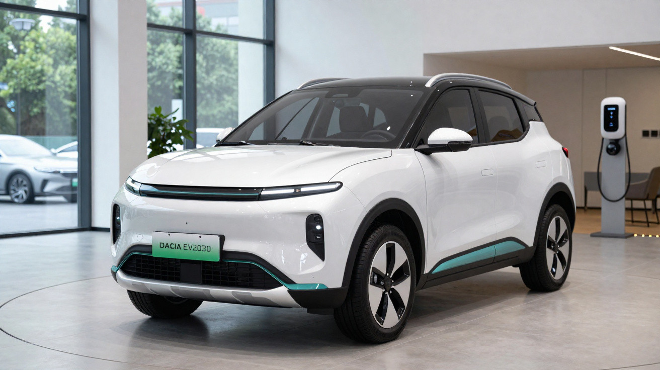 SUV elétrico branco com teto preto estacionado em showroom moderno com estação de recarga ao fundo.